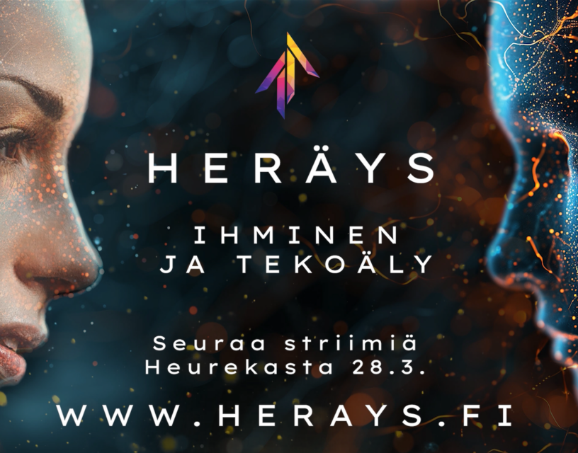 Heräys - ihminen ja tekoäly. Kuvassa kahdet kasvot.