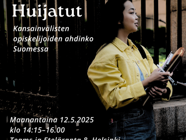 Huijatut -seminaarimainos kansainvälisten opiskelijoiden ahdingosta SUomessa. Nuori nainen seisoo kadulla.