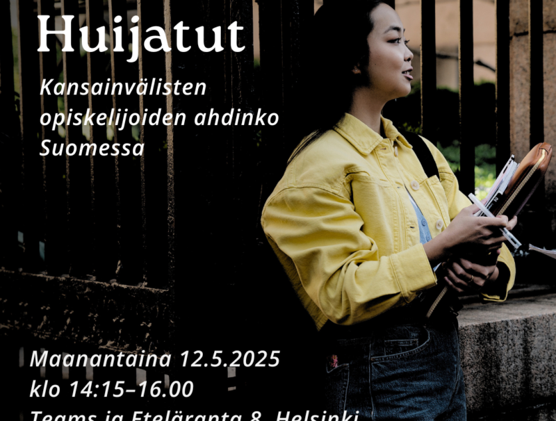 Huijatut -seminaarimainos kansainvälisten opiskelijoiden ahdingosta SUomessa. Nuori nainen seisoo kadulla.