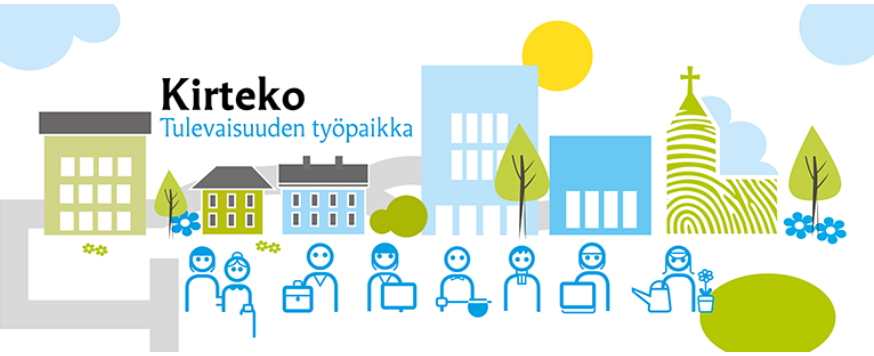 Kirteko, tulevaisuuden työpaikka. Piirrettyjä hahmoja ja kaupunkia.
