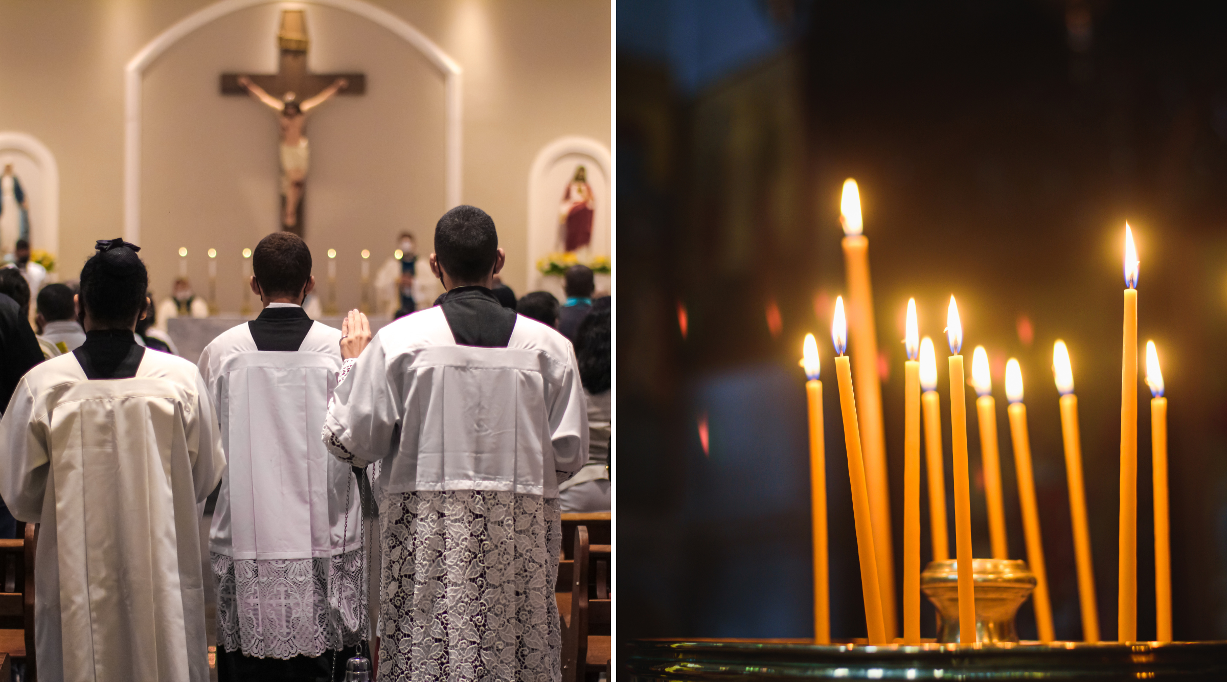 Präster i katolsk kyrka och tunna böneljus i två foton sida vid sida.