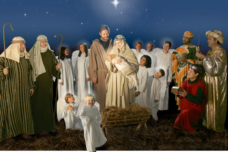 shepherds, angels and three kings around Mary, Joseph and baby Jesus