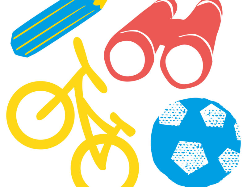 Teckande symboler: penna, kikare, cykel, fotboll.