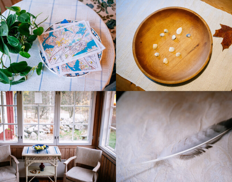 Fotocollage: laminerade kartor i en skål på ett bord, en träskål med små snäckor, en inglasad veranda, en fjäder.