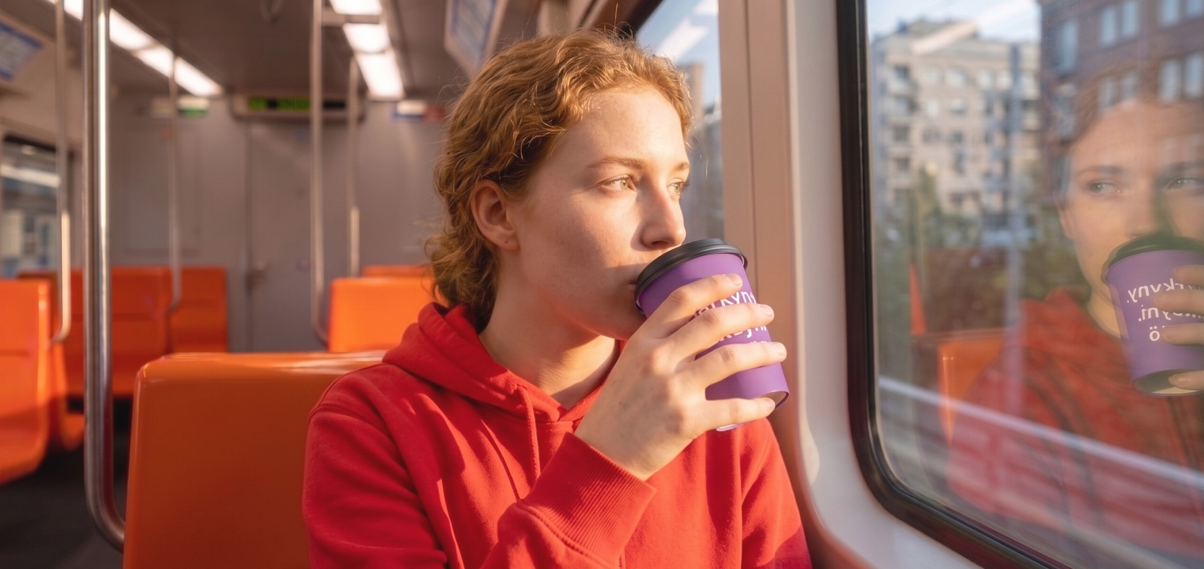 Ihminen istuu metrossa oranssi huppari päällään ja juo kahvia vaalimukista.