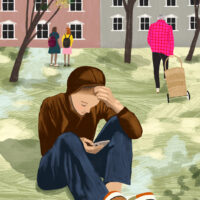 Piirroskuva, nuori istuu maassa kirja kädessään.